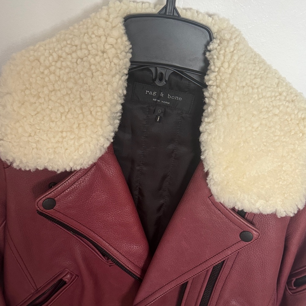 Rag & Bone Women's Burgundy Leather Jacket with Cream Shearling